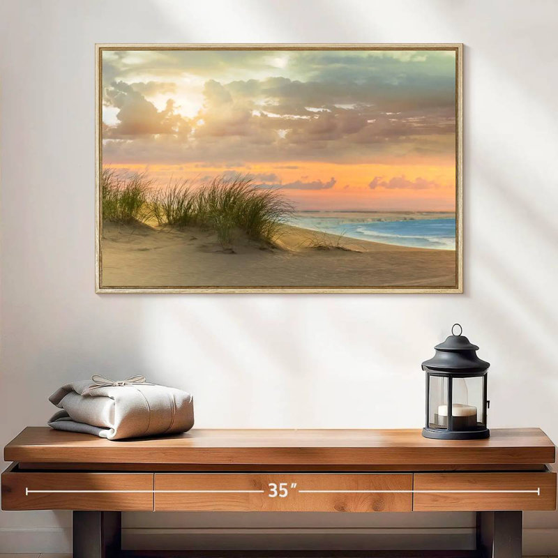 Herbe de mer et crépuscule, 25 po x 17 po, Cadre flottant en bois naturel