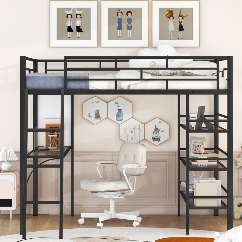 Lit mezzanine en métal Cool Cool avec 3 couches de tablettes et un bureau, Lit double, Noir