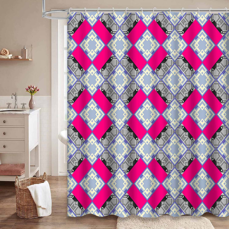 Rideau de douche moderne moderne à motif géométrique bleu magenta avec 12 crochets, 72" L x 78" W