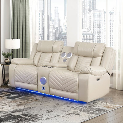 Causeuse inclinable électrique luxueuse beige avec console Porte-gobelets avec lumière DEL et ports de charge haut-parleur en similicuir de qualité supérieure 1pc