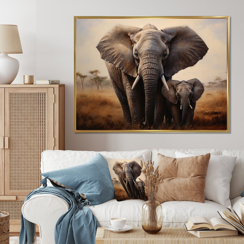 Elephant Guardianship, reproduction d'art sur toile, Cadre flottant doré, H 16 po x l 32 po x P 1 po