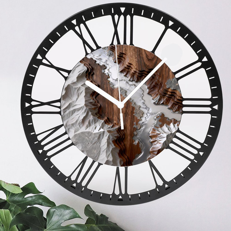 Horloge murale ronde en fer 10 po avec mouvement à quartz silencieux, chiffres romains, impression UV, Brun ; Argenté