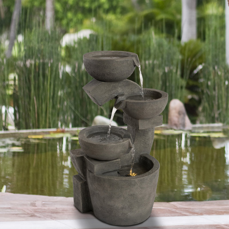 Decorative 4-Tier Cascading Hand Painted Outdoor Water Fountain with LED Light