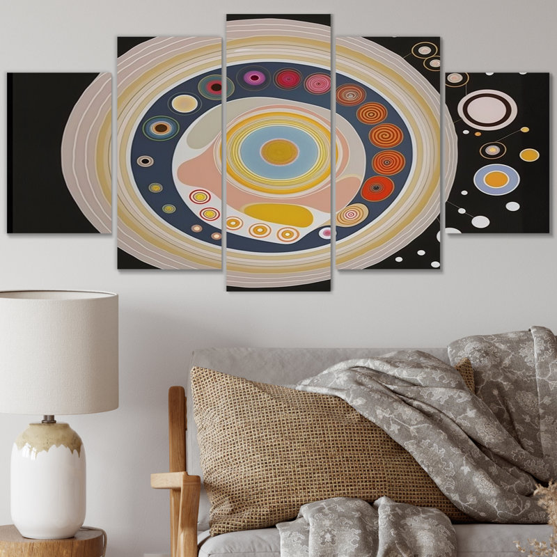  «Syncronicity Retro Spiritual Abstract II - Art mural moderne sur toile géométrique - 5 panneaux
