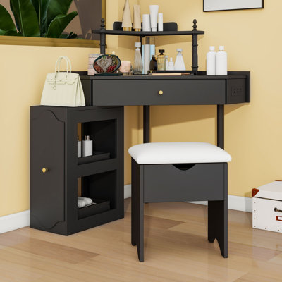 Corner Makeup Vanities Set with Storage Cushioned Stool, Pull-Out Cabinet and Glass Tabletop