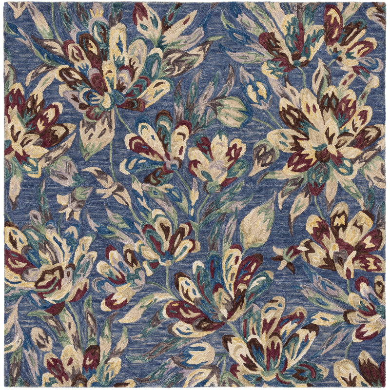 Keenin Hand Tufted Wool/Cotton Floral Rug in Blue/Violet, Square 6'