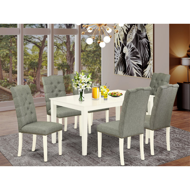 Ensemble de table de salle à manger moderne 7 pièces comprenant une table rectangulaire en bois et 6 chaises rembourrées en tissu gris