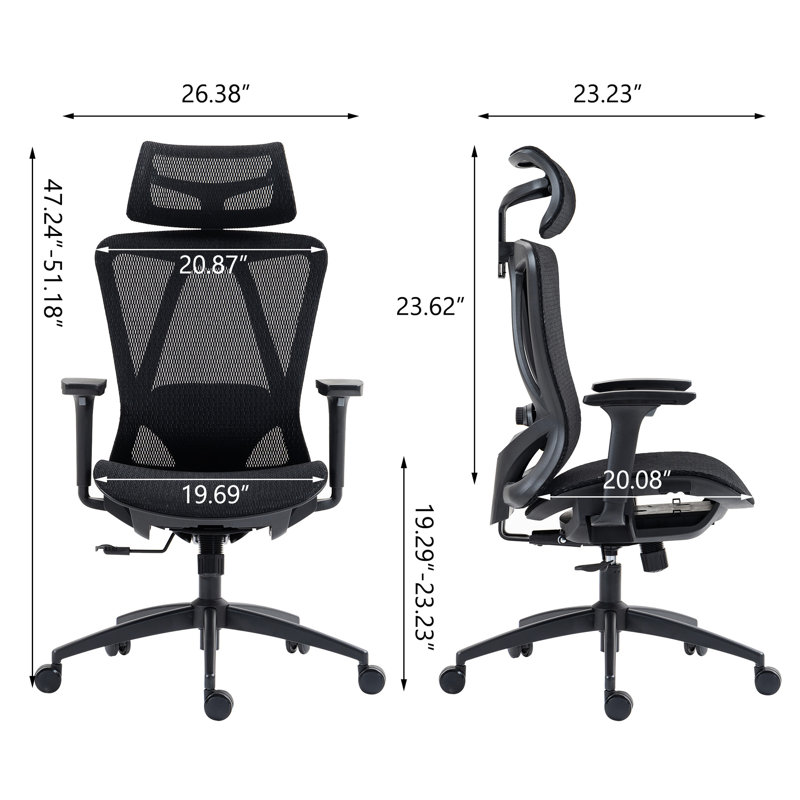 Chaise de bureau à dossier haut réglable en 3D 3D, base pivotante à 360 °, hauteur, confortable pour le bureau, tissu et filet noirs, rembourrage en mousse, chaise de 26,1 po de profondeur avec tissu respirant, rotation, accoudoirs, siège, idéal