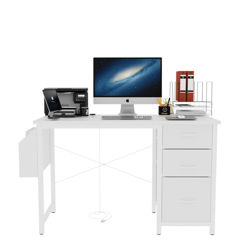 Bureau de 47,3 po avec prise de courant, 3 tiroirs, poche latérale, bureau d'étude facile à assembler, cadre stable et réversible pour bureau à domicile, bureau d'ordinateur de société, table de jeu, coiffeuse