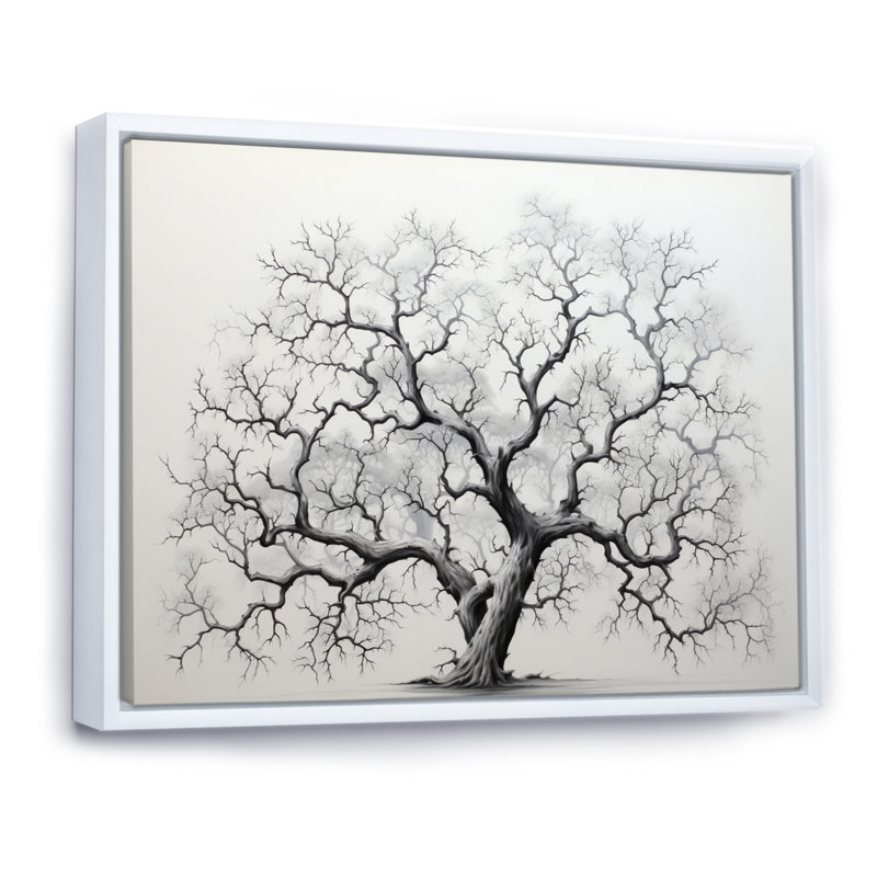 " Minimalism Grey Tree Solitude II ", White Floater Framed, 34" H x 44" W x 1.5" D
