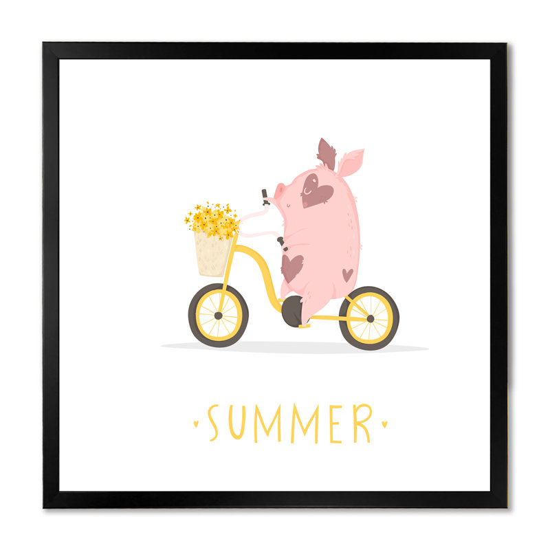 Petit cochon sur une bicyclette d'été - reproduction d'art sur toile pour enfants, H 30 po x l 30 po x P 1 po