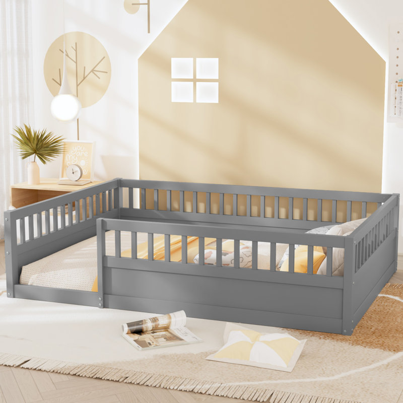 Floor Bed Frame With Fence, Wood Kids Floor Beds Frame For Bedroom Playroom, Gray, Full