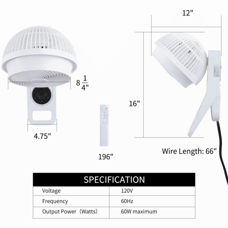 Simple Deluxe 7 Inch Wall Mount Fan, 3 Speeds & 3 Modes, 15 Hours Timer, 60° Oscillating Circulating Fan, With Remote Control, Air Circulation Fan For Indoor Use, White