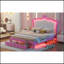 Structure de lit double pleine grandeur avec lumières DEL, lit princesse rembourré moderne avec tête de lit couronne, 2 tiroirs, rose et blanc