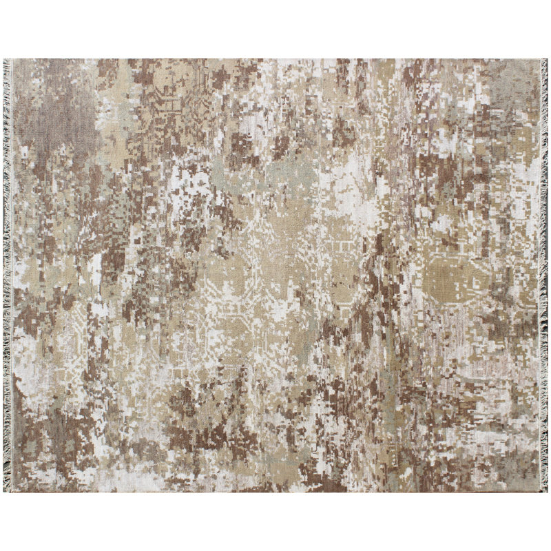 Tapis beige et argent en laine noué à la main 8 pi x 10 pi - motif abstrait moderne patiné pour le salon et la chambre à coucher