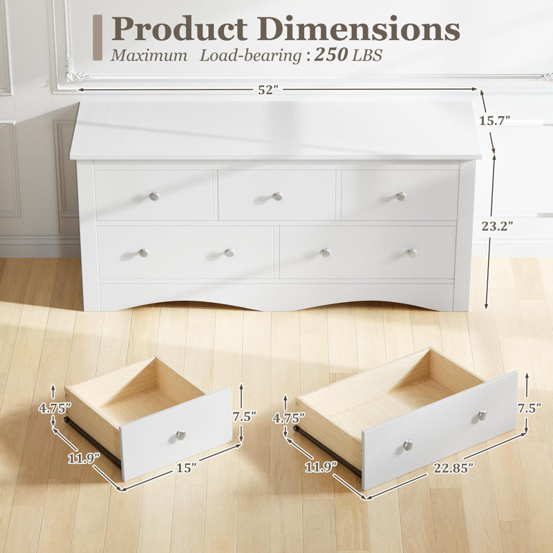 Modern 5-drawer Double Dresser, 52" W, White