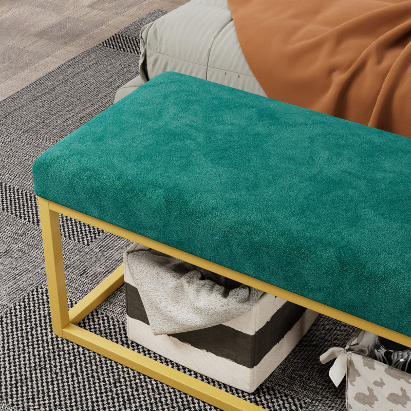 Banc de style Mid-Century avec cadre en cuir synthétique et en acier pour le vestibule, peut supporter 600 lb, siège confortable en mousse haute densité, style de rangement rapide à installer, cuir synthétique, support, charge de poids, velours doux