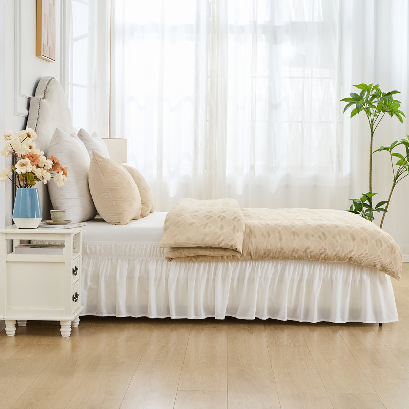 Cotton Ruffles Wrap Around Bed Skirts 17" Drop with Adjustable Elastic, King, White