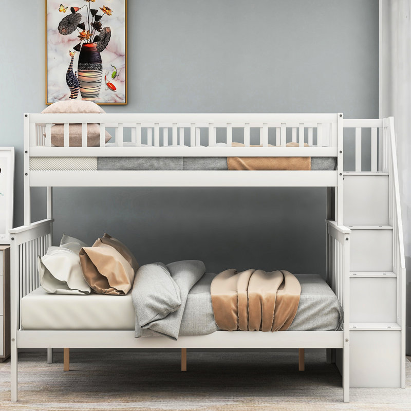 Lit superposé simple au dessus d'un escalier double, bois de pin blanc et lit de rangement efficace en bois massif