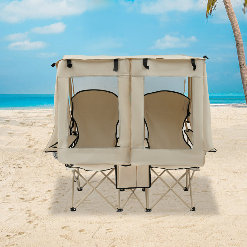 Double Folding Camping Chair With Canopy For 2 Adults Outdoor Loveseat Chair With Cooler Bag Cup Holders Carry Bag, Khaki