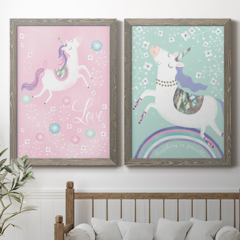 «Love Unicorn», ensemble de 2 impressions, Pas de tapis, H 44 po x l 31 po x P 1 po, Toile avec cadre gris