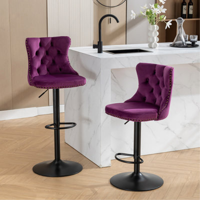 Tabourets de bar pivotants en velours à hauteur réglable de 25 à 33 pouces, base de 17,7 pouces, tabourets de bar rembourrés modernes avec dossier capitonné confortable pour un pub et un îlot de cuisine, mauve, ensemble de 2