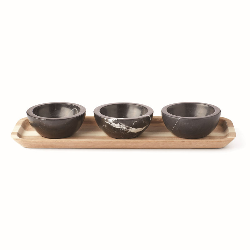 Modern Light Wood Tray with Black Marble Dip Bowls