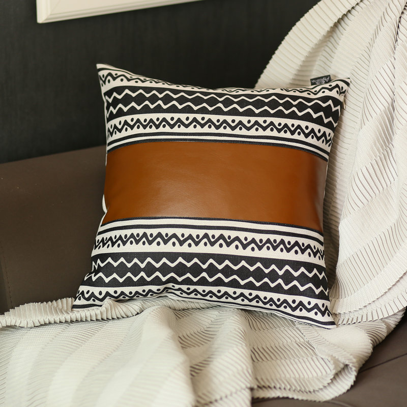 Boho Brown and Ivory Faux Leather Geometric Pillow Covers, Set of 2