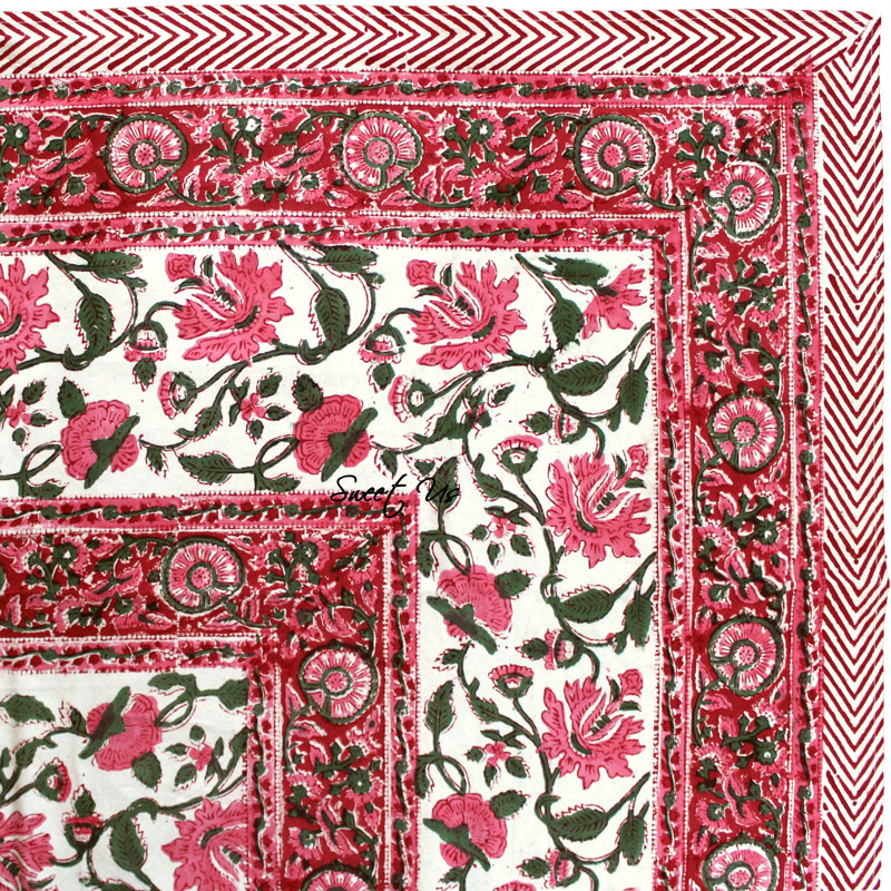 Block Print Cotton Floral Tablecloth White Red, 70" x 102"