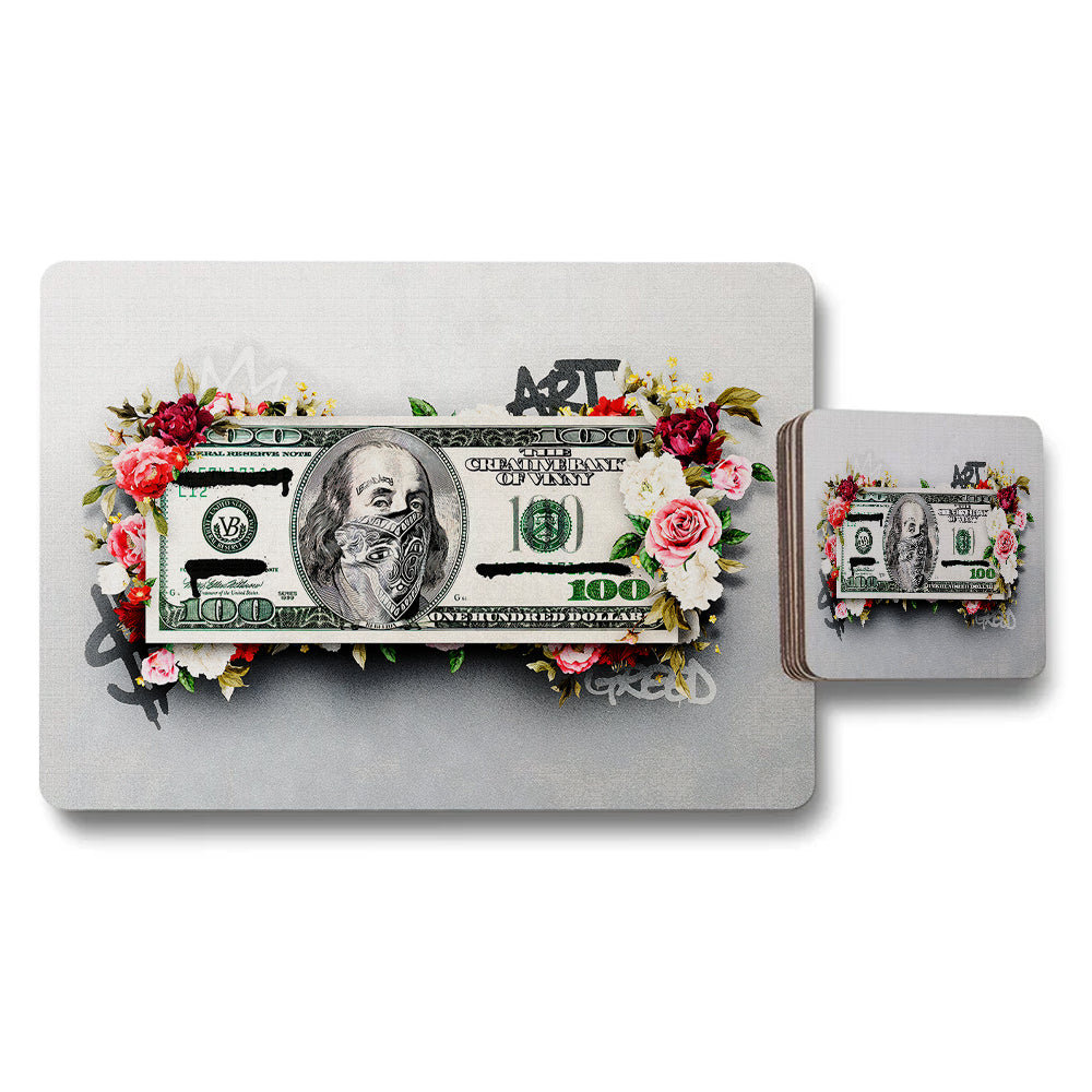Floral Money Dollar Bill Placemats With Coaster Set