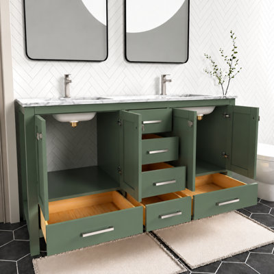 Meuble-lavabo autoportant 60 po Anvay en vert forêt avec comptoir en quartz de Carrare