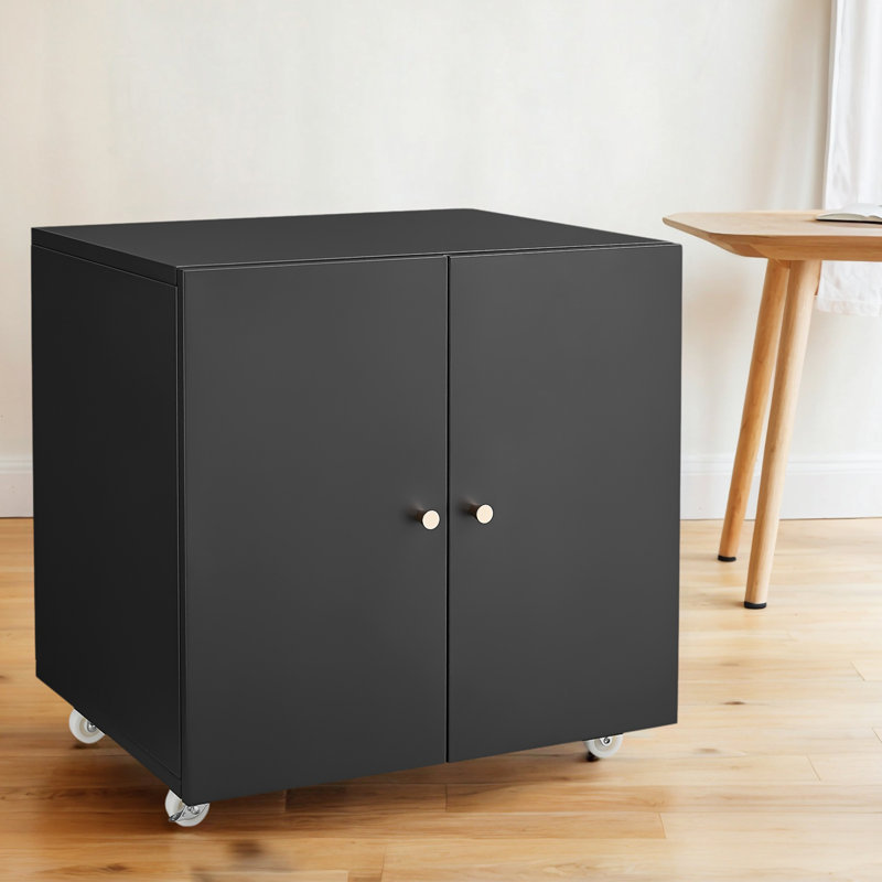 Stylish Mobile Printer Stand With Door, Locking Wheels, And Adjustable Shelves For Letter/Legal/A4, Black