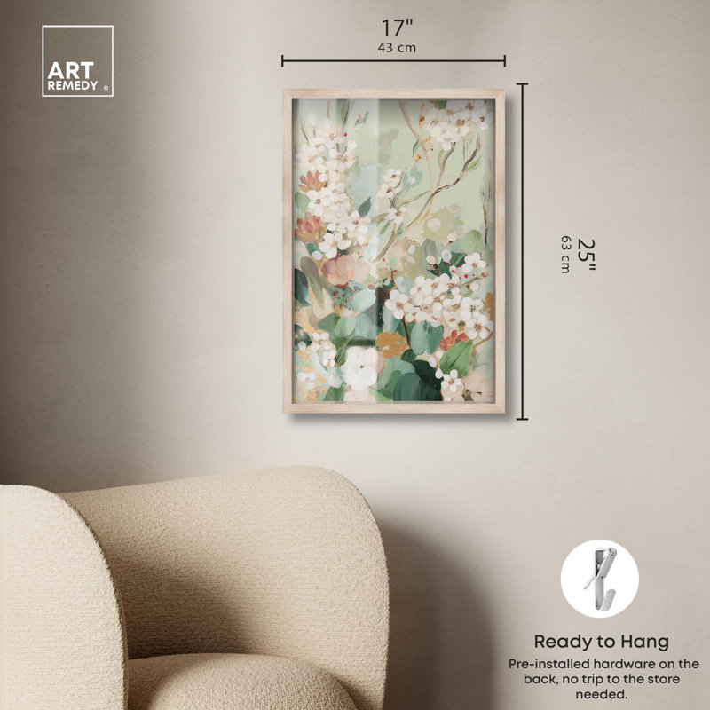 «Jade Blossom I Shadowbox Print» par Art Remedy, H 25 po x l 17 po, Crème, crème