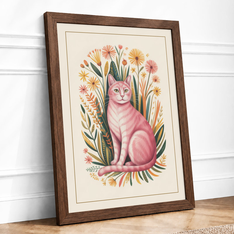 Cat in Bloom Botanical - Framed Print, A2 - 59.4 x 42.0 cm, Walnut
