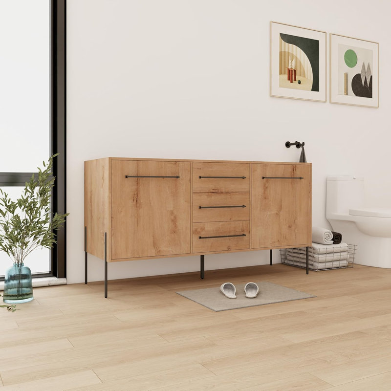 60" Bathroom Freestanding Vanity Base with 2 Soft-Close Cabinet Doors and 3 Drawers, Imitative Oak Vanity Base Only