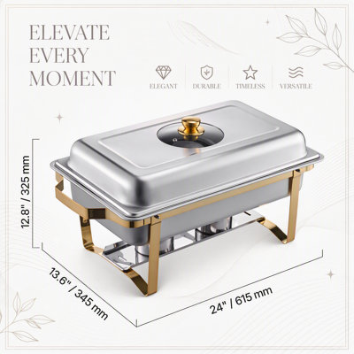 Ensemble de buffet de 2 plats chauffants rectangulaires de 4 pintes (3,8 L), demi-plateau, acier inoxydable avec une élégante finition dorée, parfait pour les événements et la restauration.