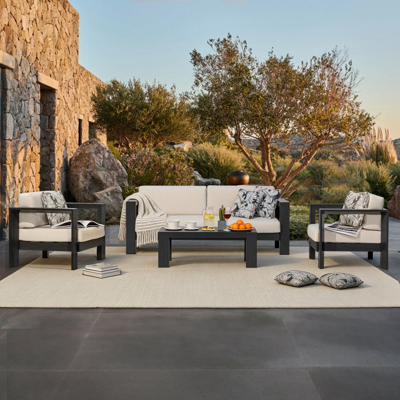 Quick-Assembly Outdoor Aluminum Sofa Set; 5 Person Outdoor Seating Sofa Set; Wood-Grain Veneer Sofa Set for Patio; Wide Armrest Triangular Aluminum Tube Sofa Set