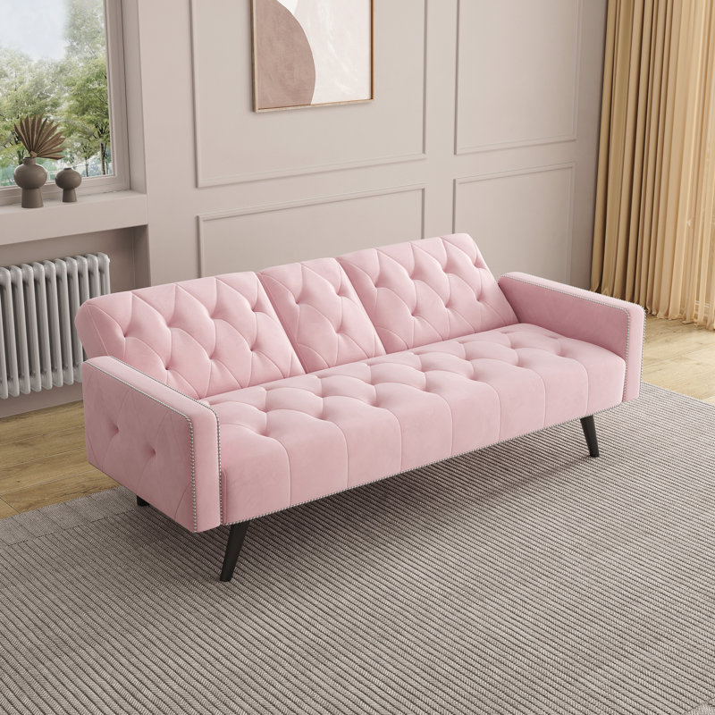 Canapé 1730 avec accoudoirs et garniture cloutée avec deux porte-gobelets Canapé en velours rose de 72 po pour petits espaces