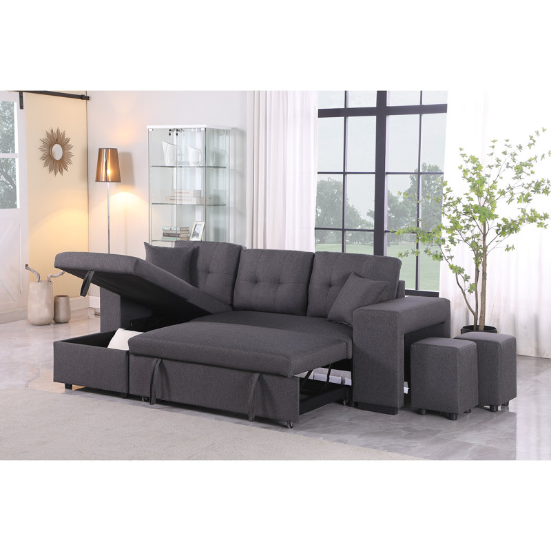 Canapé-lit avec méridienne réversible et pouf de 95,27 po de large Hettick, Lin gris foncé