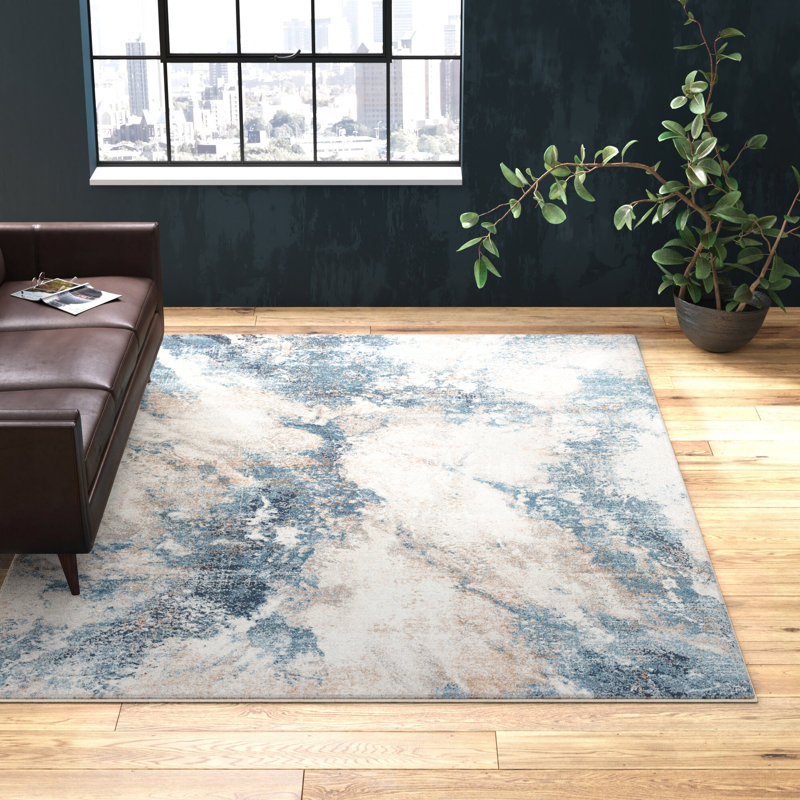 Tapis rectangulaire en polyester tissé à la machine Lemaire bleu marine / gris / beige, Rectangle 9 pi 2 po x 12 pi
