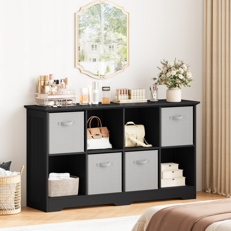 Bibliothèque cubique de 48 po de largeur à 8 cubes avec 4 bacs pliables en tissu, Noir