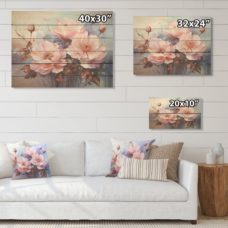 Beige, roses roses, Burgeon I - champ de fleurs, art mural sur bois de pin naturel, H 30 po x l 40 po
