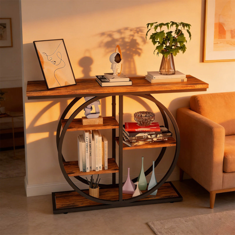 41.3 Inch Industrial Console Table For Entryway, Narrow Sofa Table With Storage Shelves & Circle Base, Rustic Brown Accent Furniture For Hallway, Foyer, Entrance, Living Room