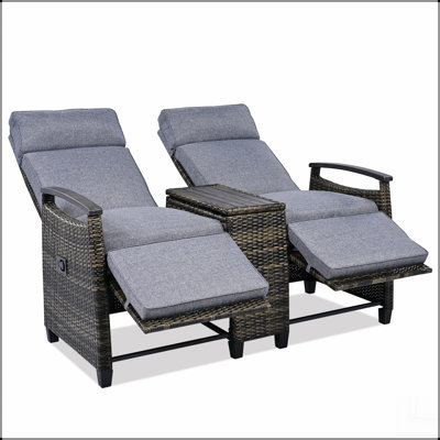Fauteuil inclinable inclinable, chaise longue d'extérieur en osier à dossier réglable avec accoudoirs en bois d'acacia et table de rangement intégrée pour balcon, porche, pelouse