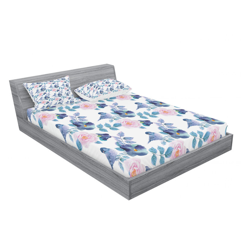 Microfiber Sheet Set, Queen Sheet Set with Fitted Sheet, Spring Birds Sparrows with Branches Floral