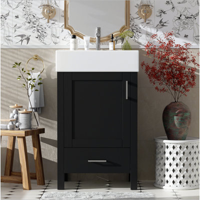 Meuble-lavabo moderne noir 20,28 po avec lavabo en céramique, structure en bois massif et tiroir - idéal pour les petites salles de bain.