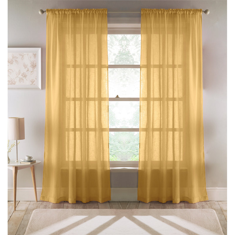 Roehit Polyester Sheer Rod Pocket Curtain Pair, Ochre, 140cm Width x 122cm Drop