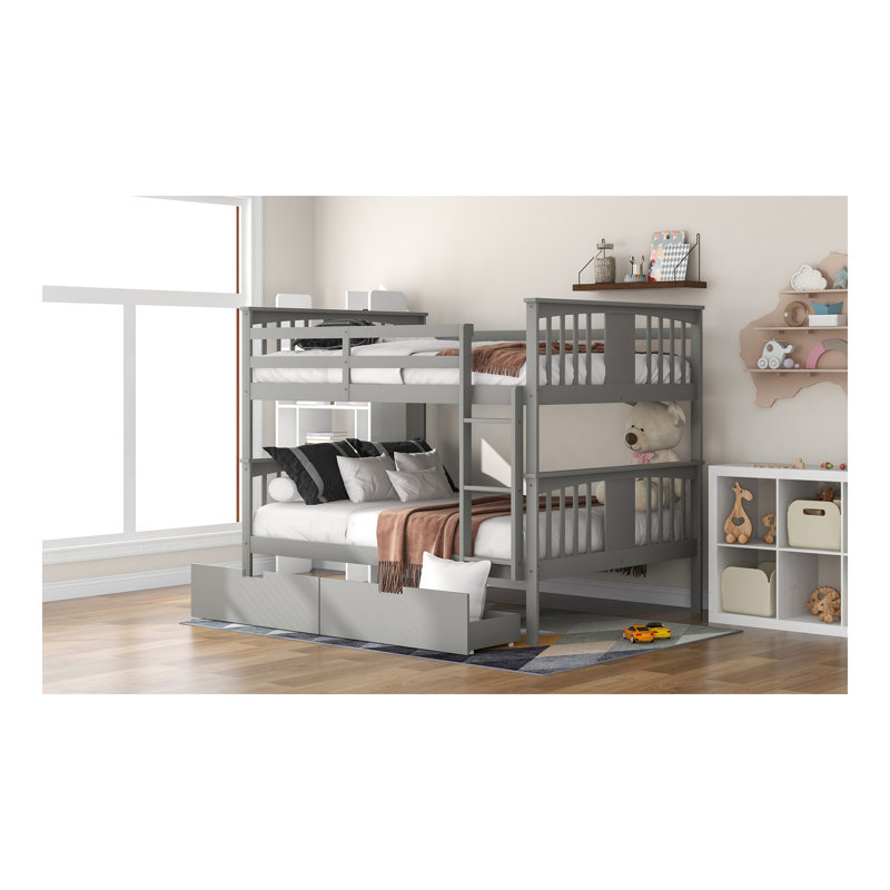 Lit superposé double au-dessus de double avec tiroirs et échelle pour chambre à coucher, mobilier de chambre d'amis - gris