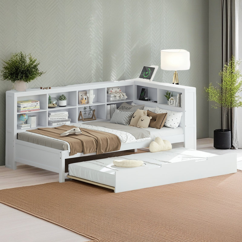 Daybed With Storage Shelf And USB Charging Ports, Twin, White