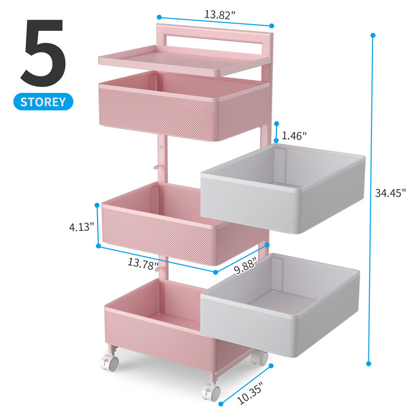 Pink and White 5-Tier Rotating Metal Utility Cart with Wheels